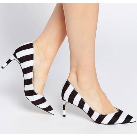 ASOS Women’s Mono Black White Striped Soulmate Pointed Toe Heels Pumps - Picture 1 of 12